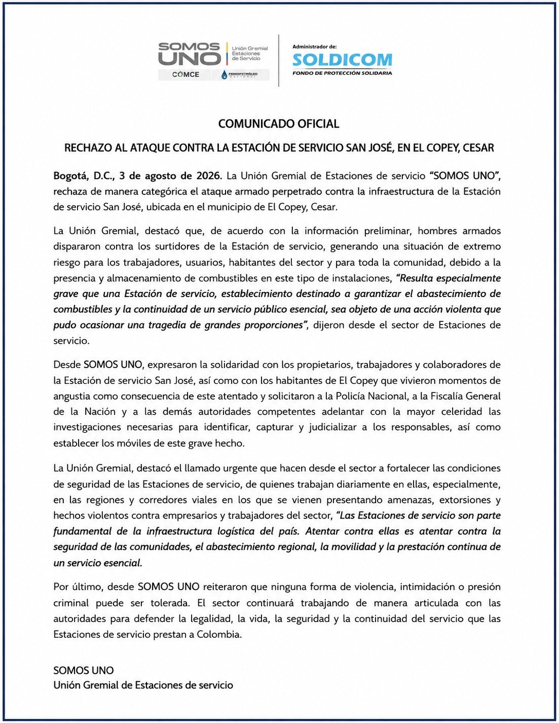 Rechazo gremial al ataque contra la Estación de Servicio San José, en El Copey, Cesar